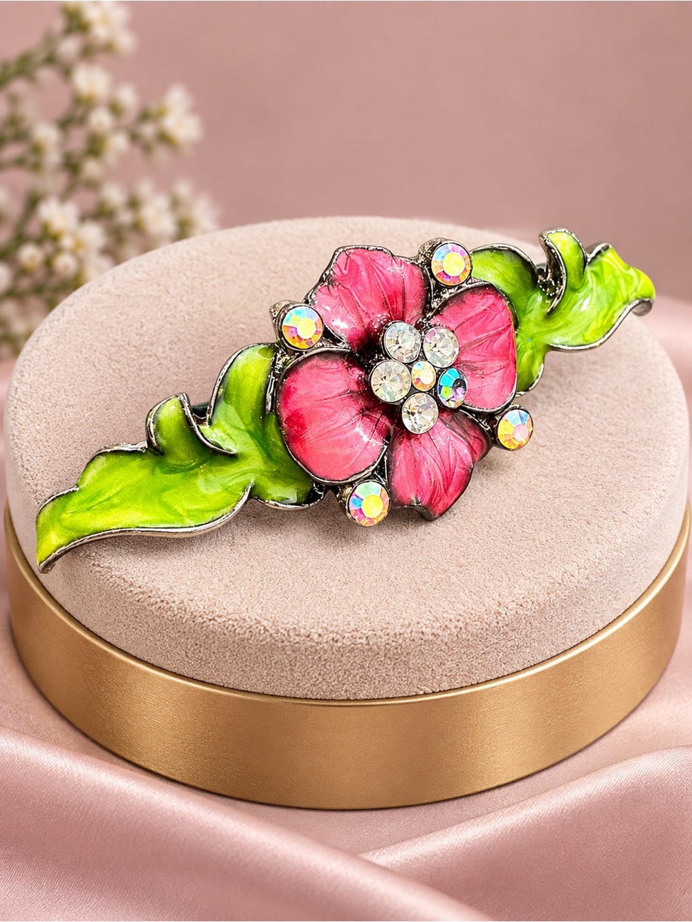 Pink Enamel Flower Hair Barrette AB Rhinestone Floral Hair Clip